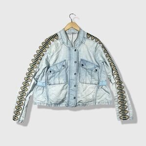 Free People Linen Blend Bomber Jacket Womens M Blue Boho Embroidered Utility